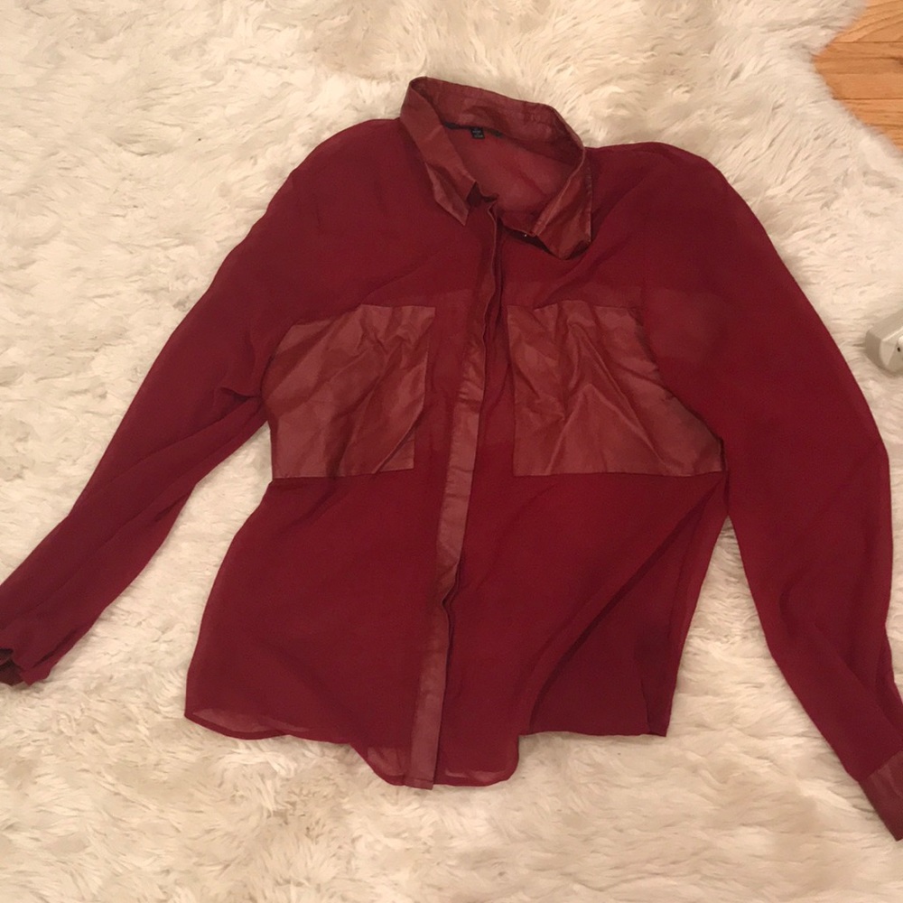 Collared sheer and leather detailed red shirt